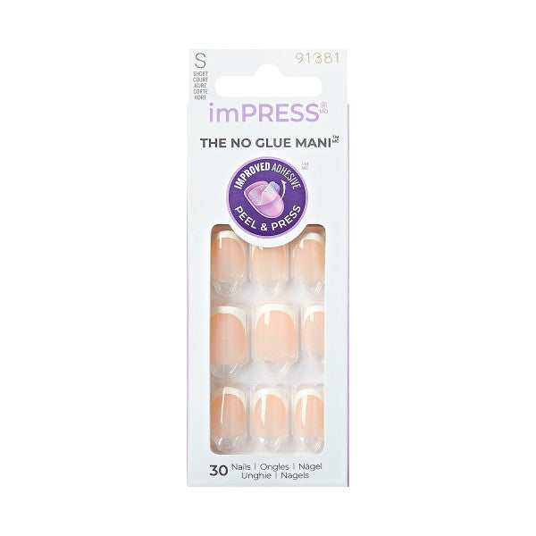 imPRESS Classic French Press-On Nails, No Glue Needed, Biele špičky, Short Hranatý, 33 ks