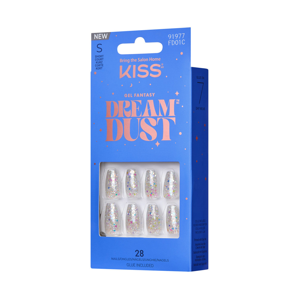 KISS Gel Fantasy Dreamdust Press-On Nails, ‘Mood Dust’, Biela, Short Coffin, 31 ks