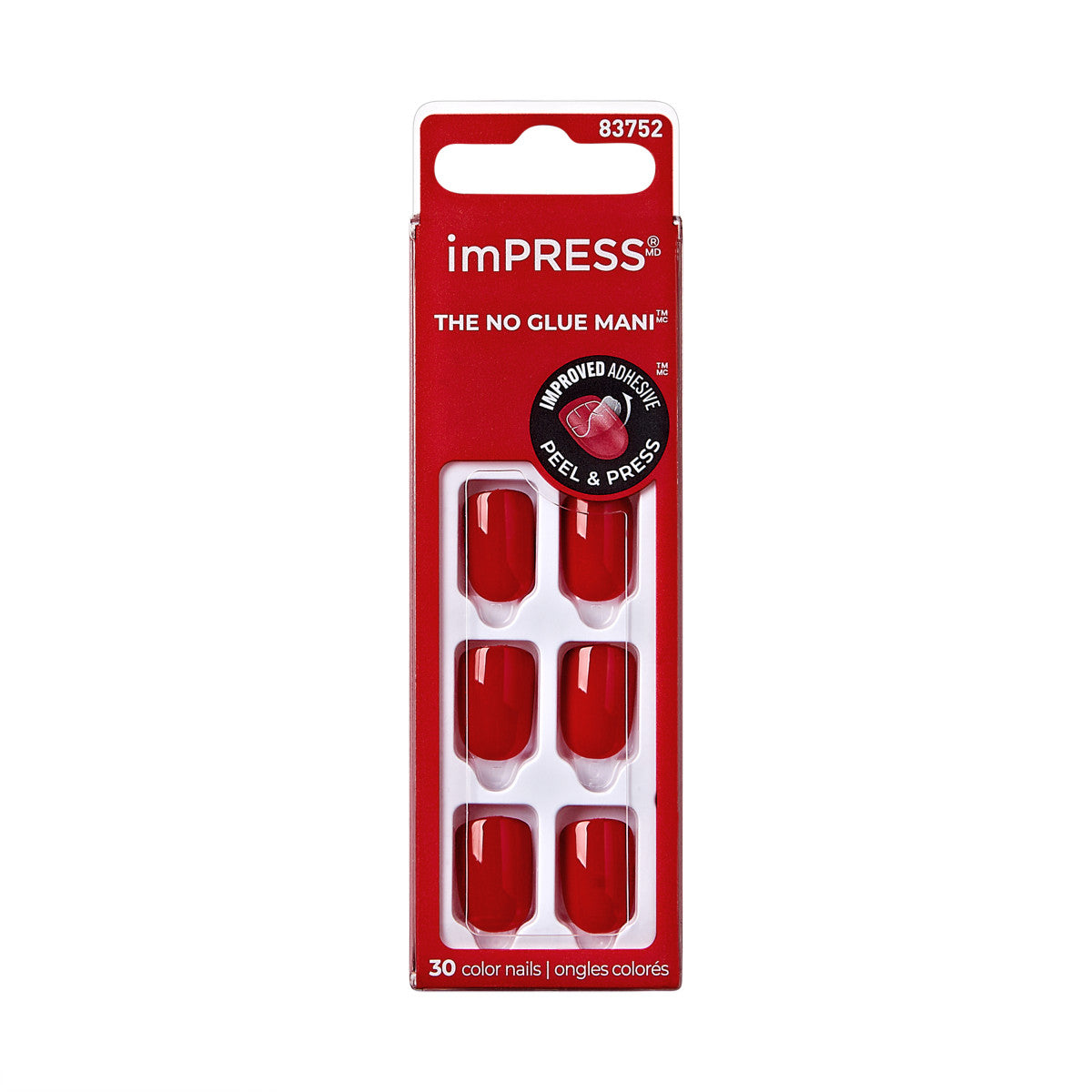imPRESS Color No Glue Mani Press-On Nails, No Glue Needed, Color, Reddy or Not, Červená, Short Zaoblený, 30 ks
