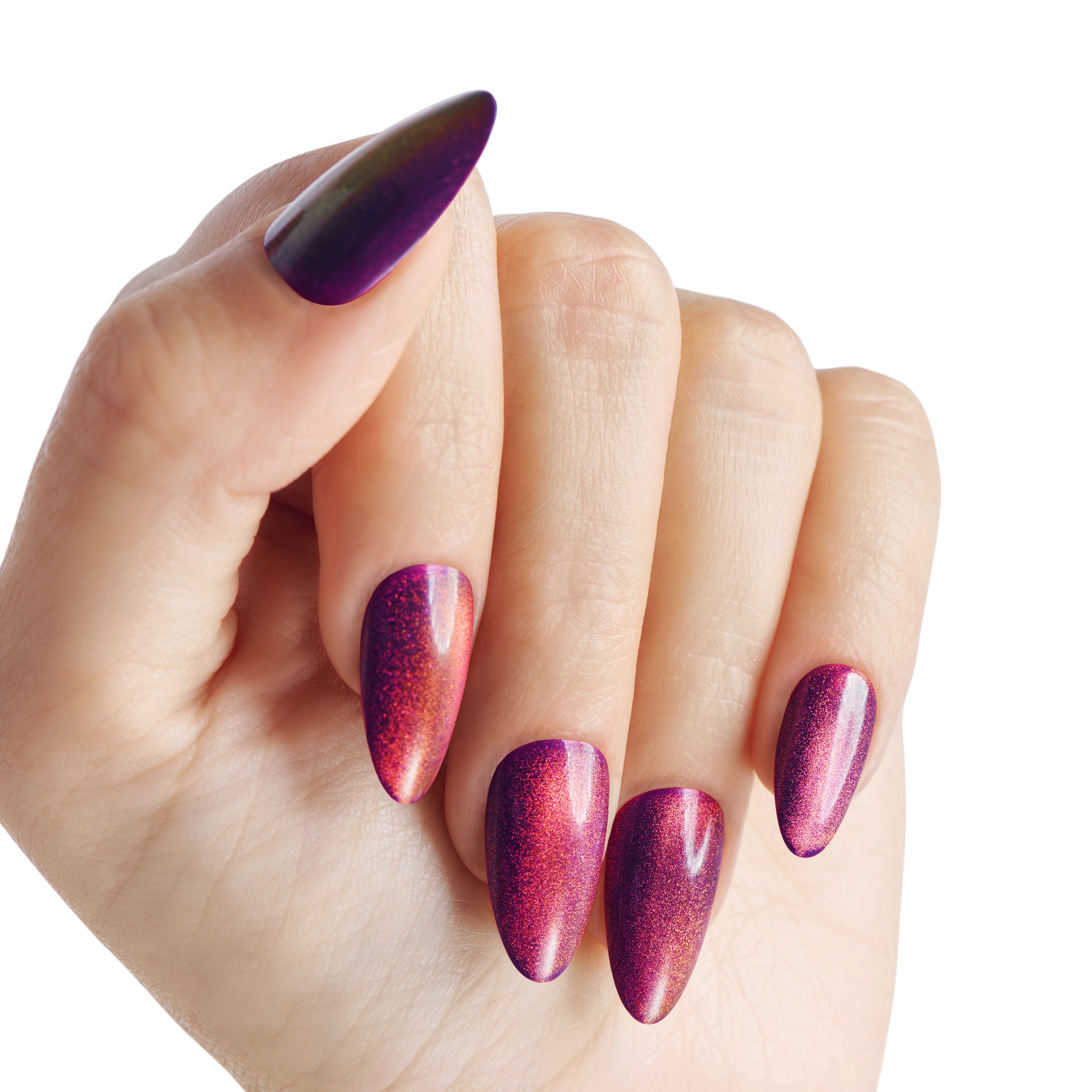 Umelé nechty KISS Gel Fantasy Magnetic na nalepenie, vínová farba, stredne dlhé mandľové, 28 kusov