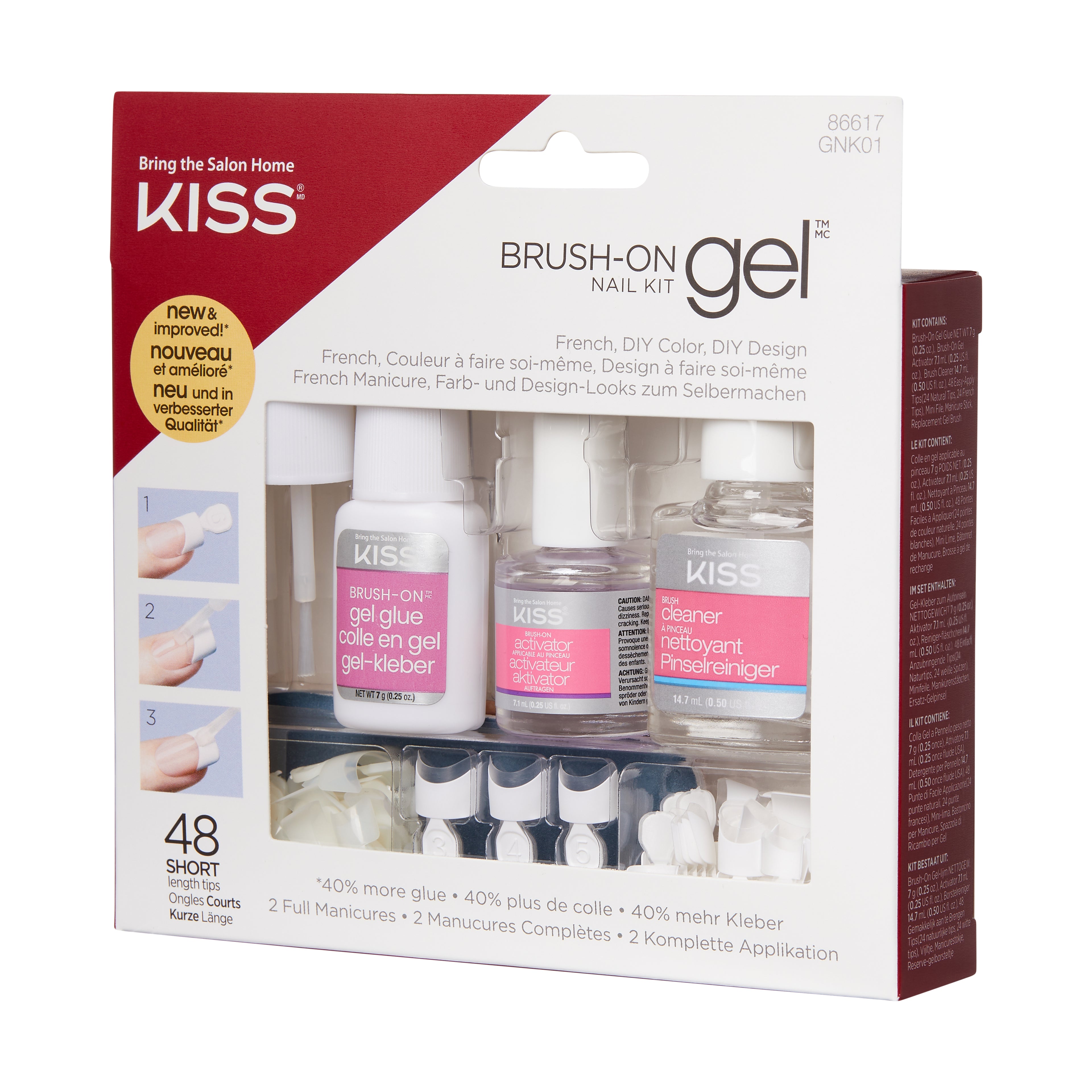 KISS Brush-On Gel Nail Kit, Press-On Nails, Brush on Gel, Biela, Short Hranatý, 48 ks