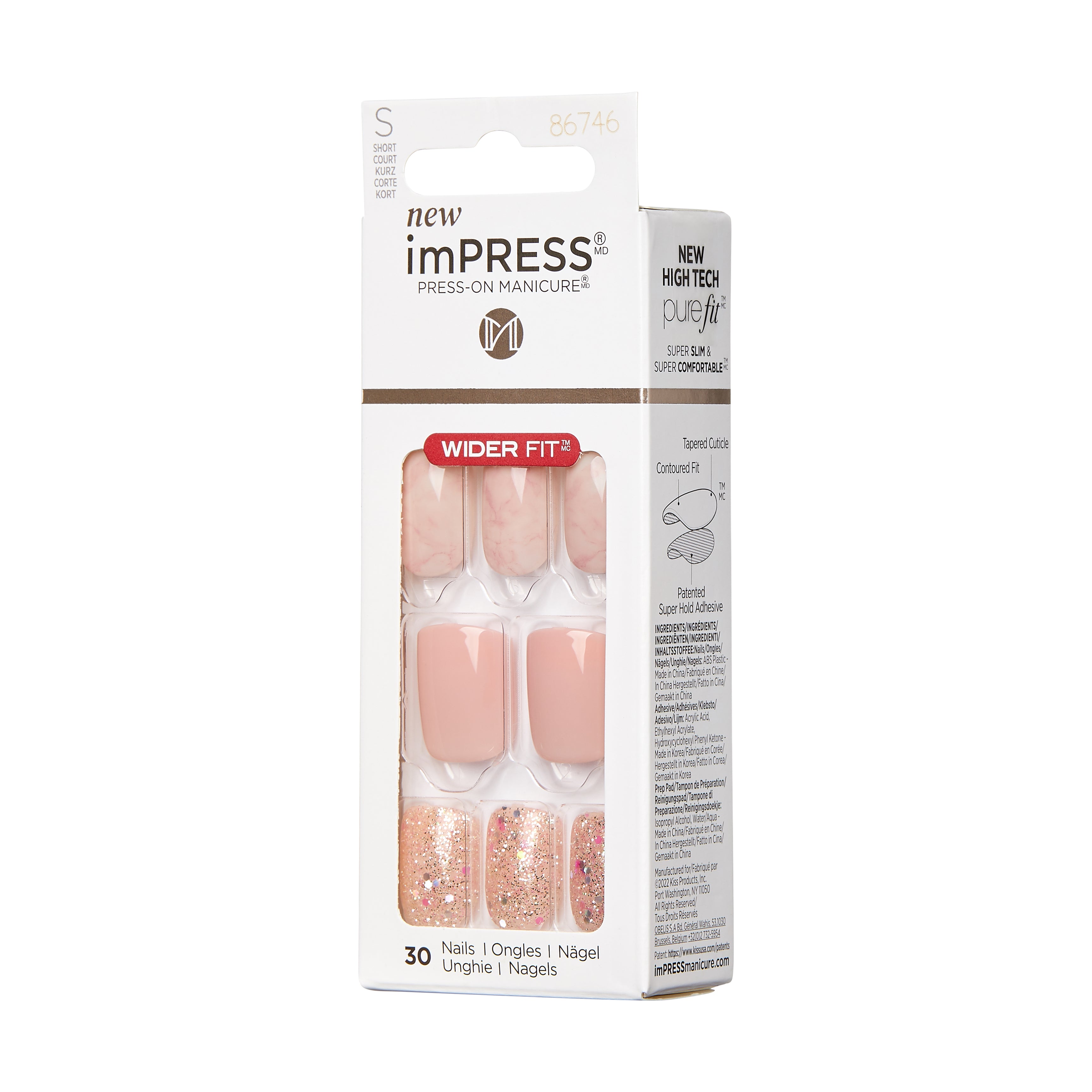 imPRESS Press-On Nails, No Glue Needed, Ružová, Short, Široký Hranatý, 33 ks