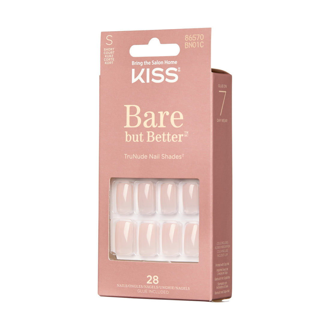 KISS Bare But Better, Press-On Nails, Nudies, Nude, Short Squoval, 28ct