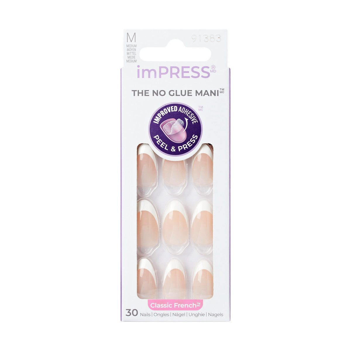 imPRESS Classic French Press-On Nails, No Glue Needed, Biele špičky, Medium Mandľový, 33 ks