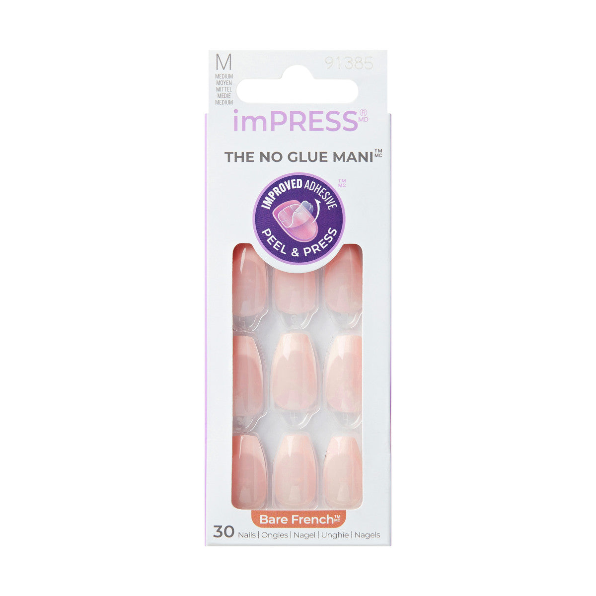 imPRESS Bare French Press-On Nails, No Glue Needed, Biele špičky, Medium Coffin, 33 ks