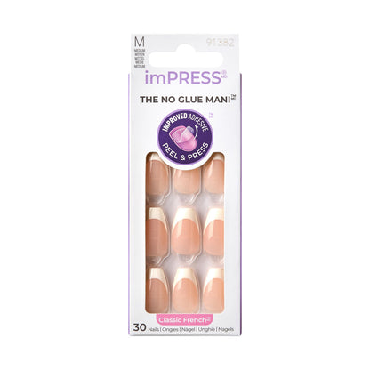 imPRESS Classic French Press-On Nails, No Glue Needed, Biele špičky, Medium Coffin, 33 ks