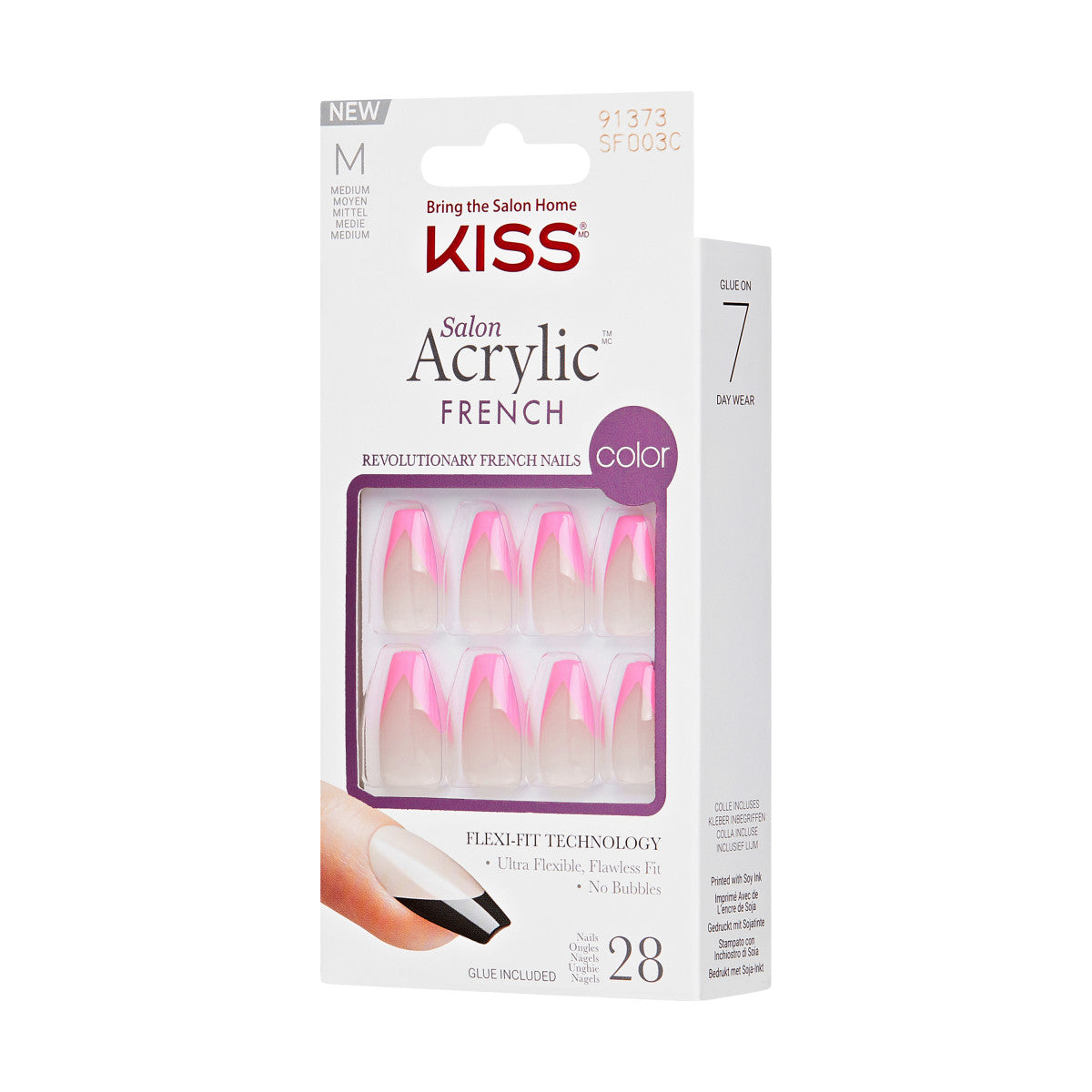 KISS Salon Acrylic French Color Press-On Nails, ‘Squared’, Ružová, Medium Coffin, 31 ks