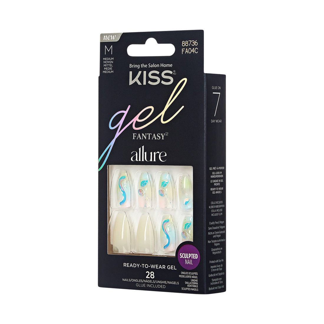 KISS Gel Fantasy, Press-On Nails, Band of Color, White, Med Coffin, 28ct