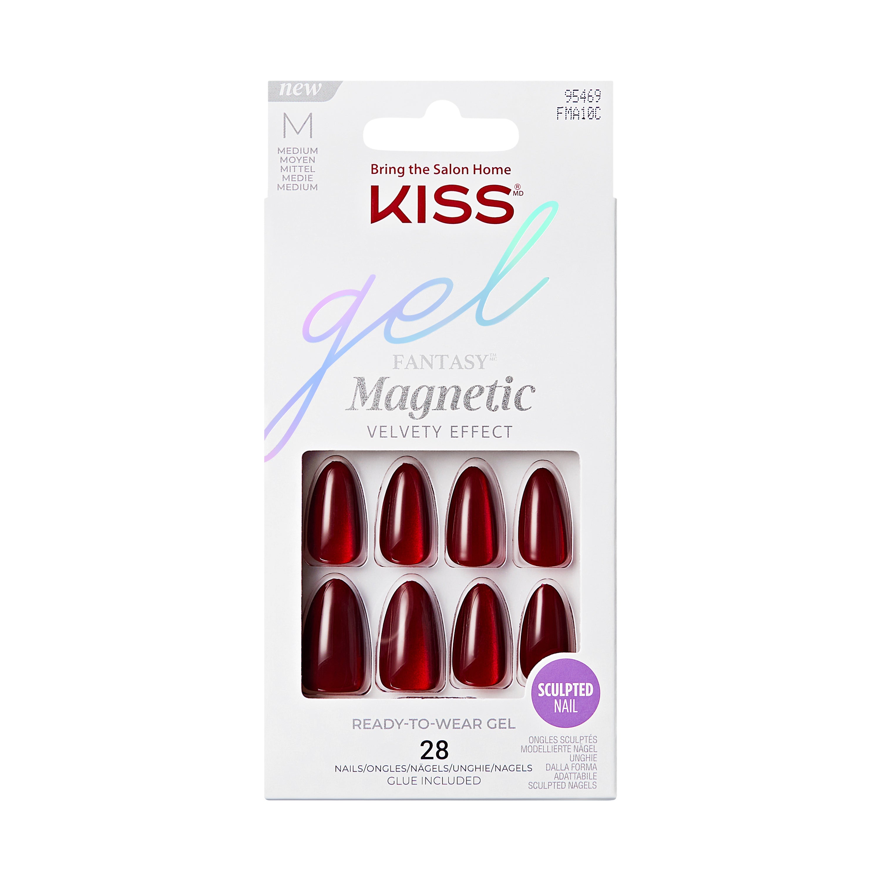 Kiss Gel Fantasy magnetické nalepovacie nechty, mandľový tvar, pevná červená, stredná veľkosť, 28 kusov
