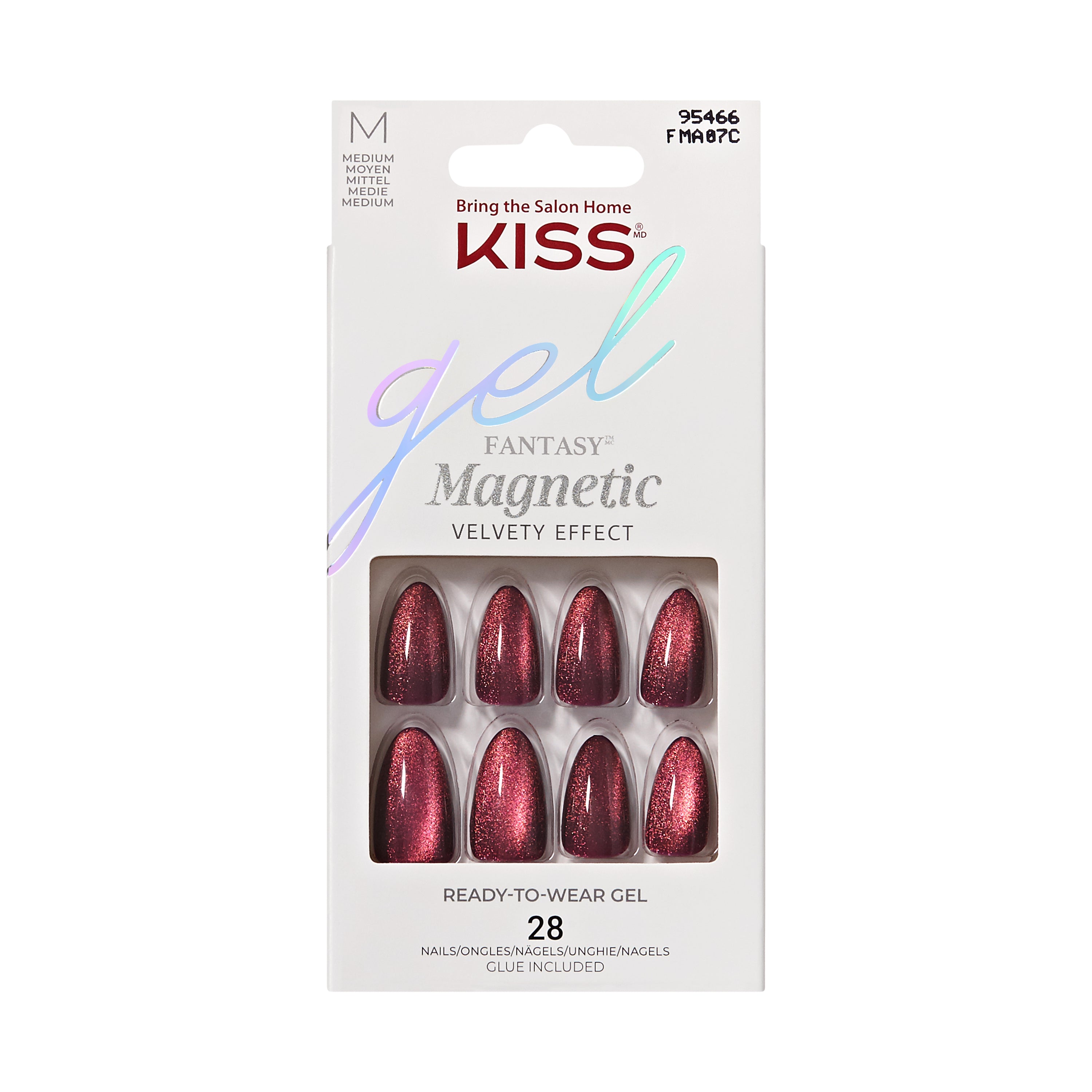 Umelé nechty KISS Gel Fantasy Magnetic na nalepenie, vínová farba, stredne dlhé mandľové, 28 kusov