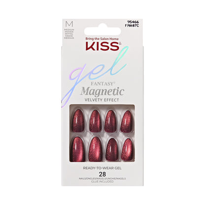 Umelé nechty KISS Gel Fantasy Magnetic na nalepenie, vínová farba, stredne dlhé mandľové, 28 kusov