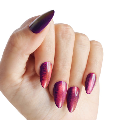 Umelé nechty KISS Gel Fantasy Magnetic na nalepenie, vínová farba, stredne dlhé mandľové, 28 kusov