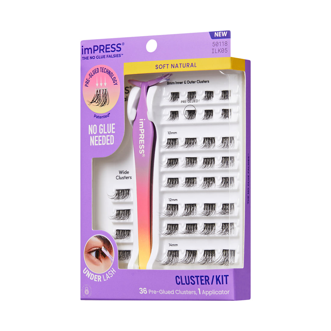 KISS imPRESS Press On Self Adhesive Eyelashes, 8mm–14mm, Soft Natural, 36 Lash Clusters