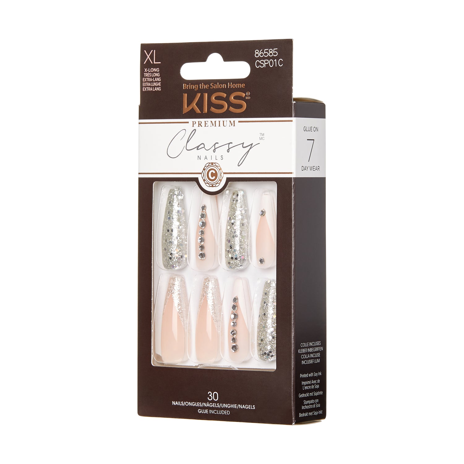 KISS Premium Classy Press-On Nails, Glittery French Tips, Long, Coffin, 33 ks