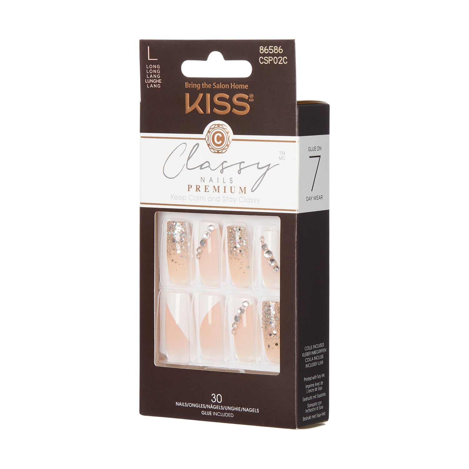 KISS Premium Classy Press-On Nails, Glittery French Tips, Long, Hranatý, 33 ks