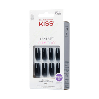 KISS Gel Fantasy Jelly Color Press-On Nails, Jelly Gelée, Čierna, Long Hranatý, 28 ks