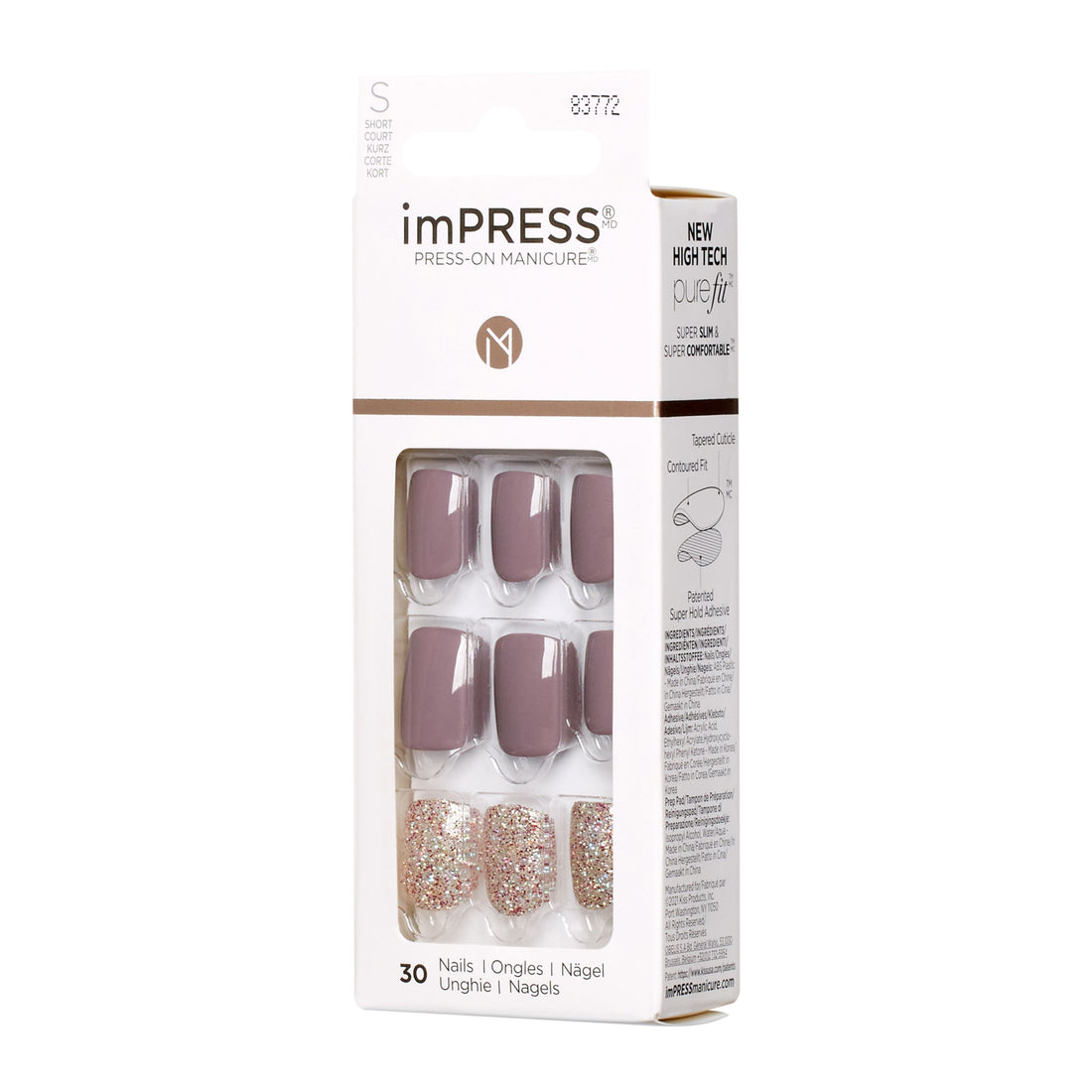 imPRESS Design Press-On Nails, No Glue Needed, Sivá, Short, Zaoblený, 33 ks