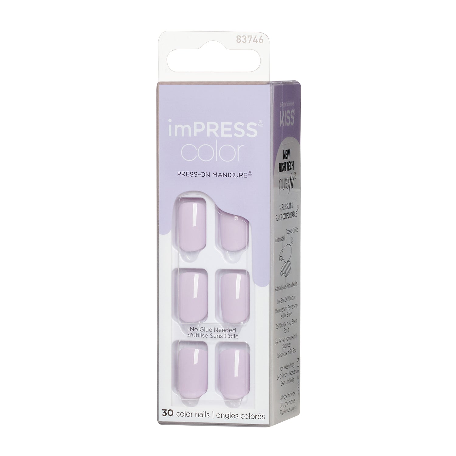 imPRESS Color No Glue Mani Press-On Nails, No Glue Needed, Color, Picture Purplect, Fialová, Short Zaoblený, 30 ks