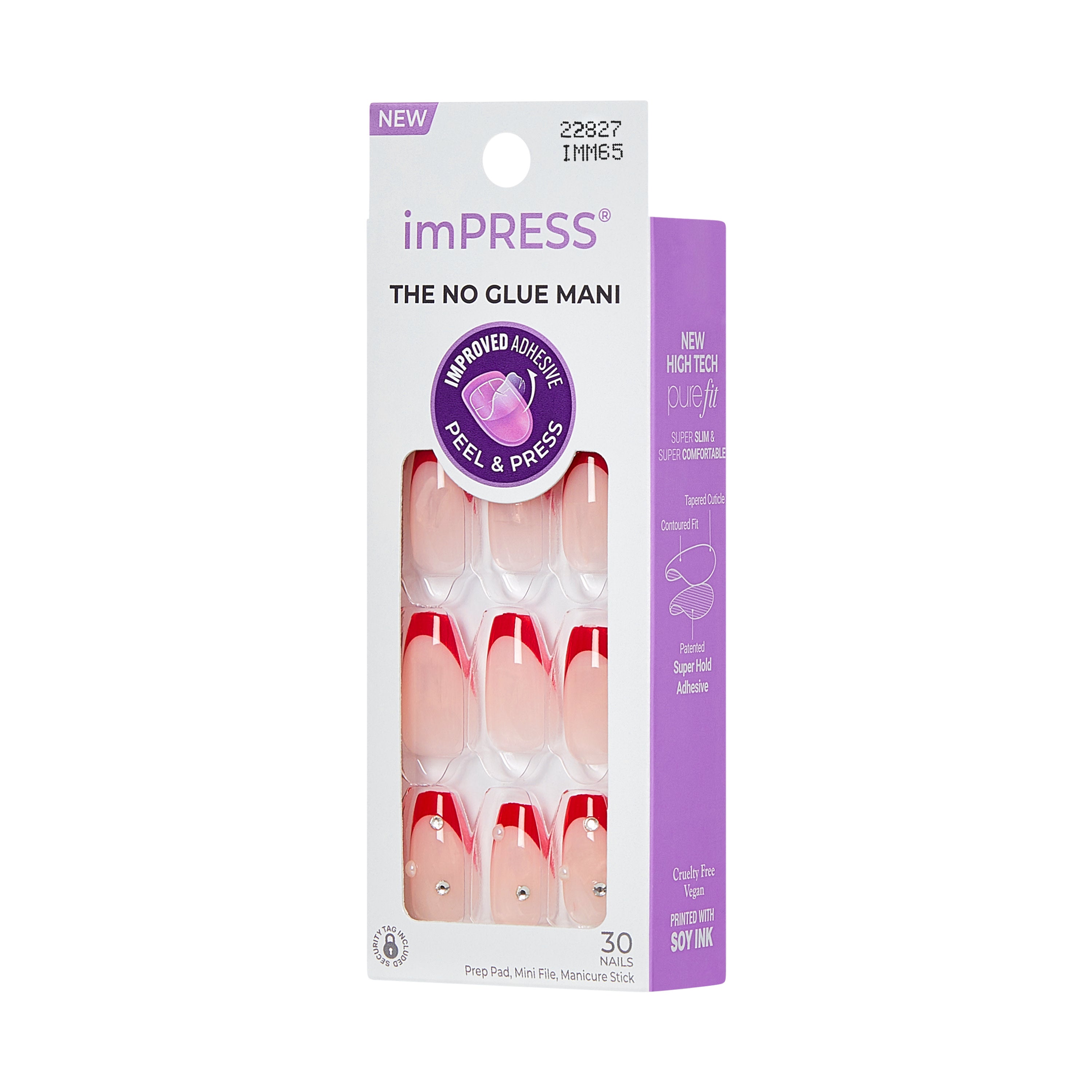 KISS imPRESS Press On Nails, ‘Happy World’, Red, Medium Coffin, 30 Count