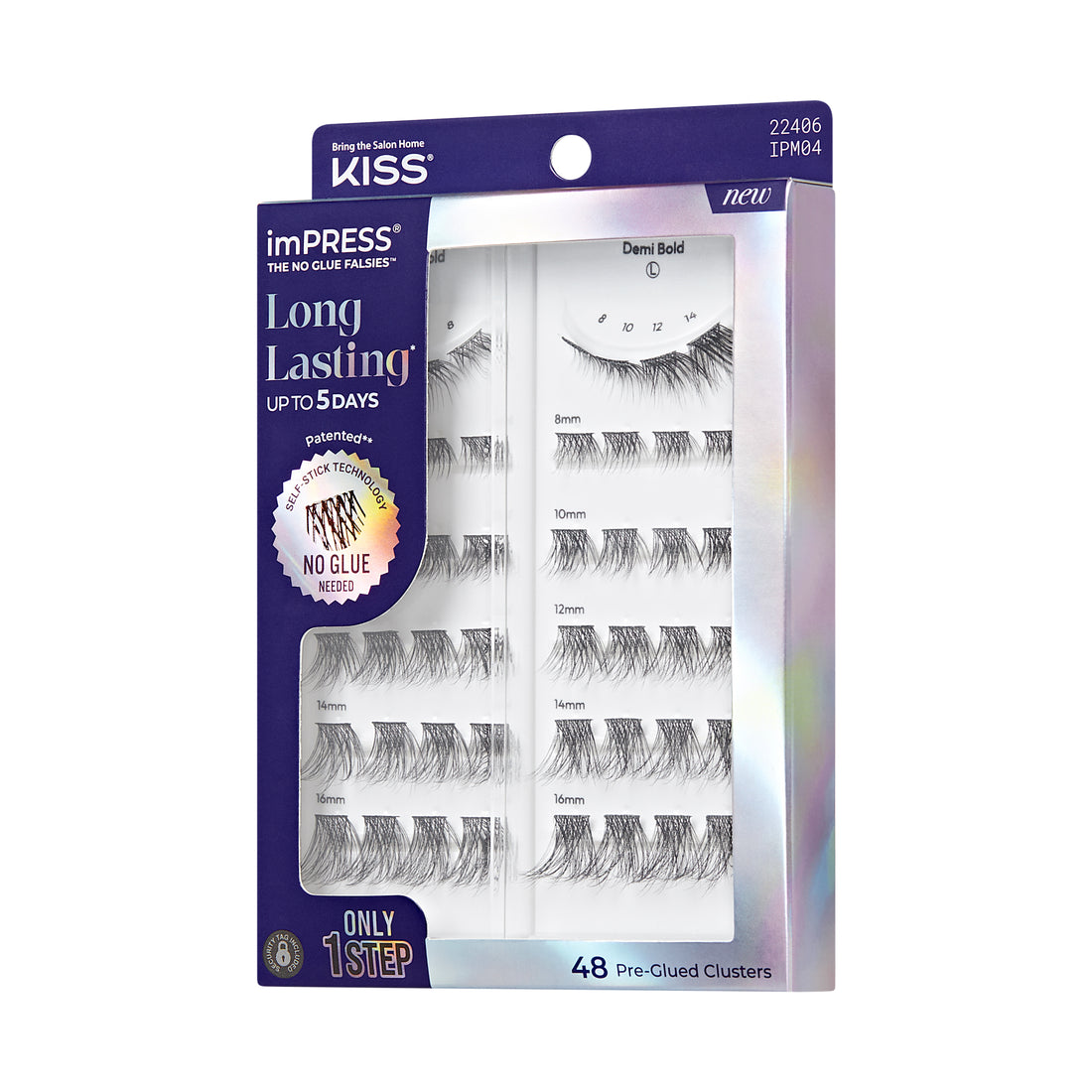 Kiss Impress Long Lasting Pre-Glued Lash Clusters Kit, Demi Bold, 48 Self Adhesive Eyelashes