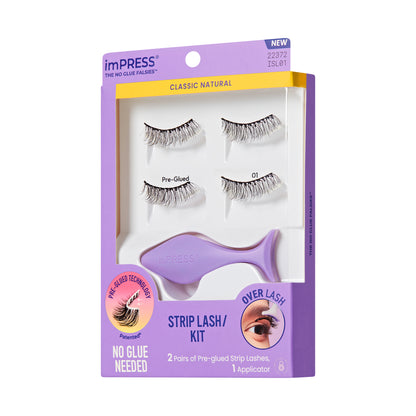 KISS imPRESS Pre-Glued Strip Lashes Kit, Classic Natural, 2 Pair Self Adhesive Eyelashes