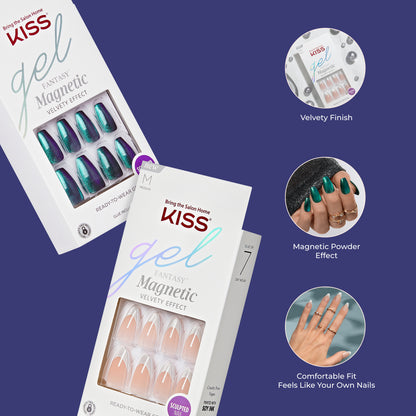 Umelé nechty KISS Gel Fantasy Magnetic na nalepenie, vínová farba, stredne dlhé mandľové, 28 kusov